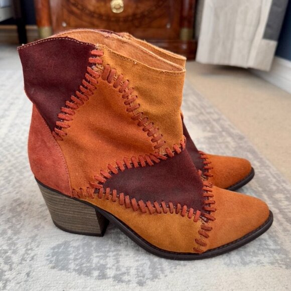 Brown and Tan Suede Patchwork Leather Booties - Picture 4 of 11